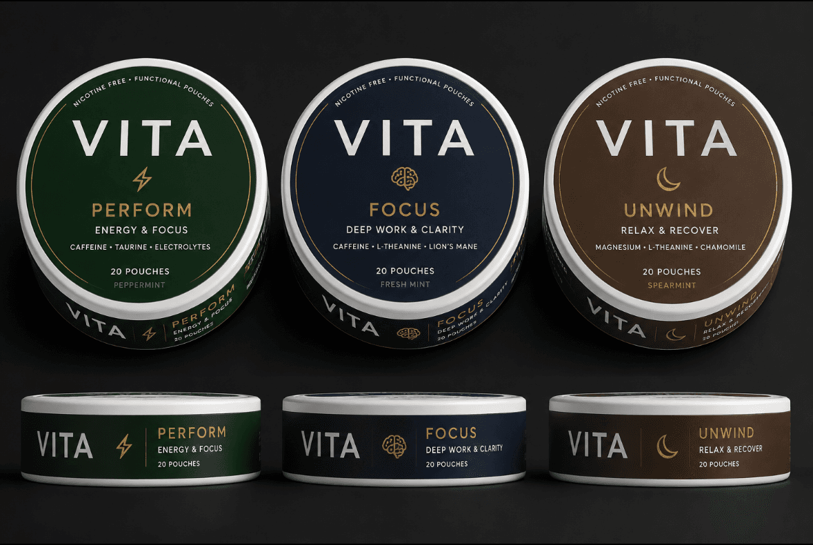 Three VITA Pouches concept tubs: Perform, Focus and Unwind